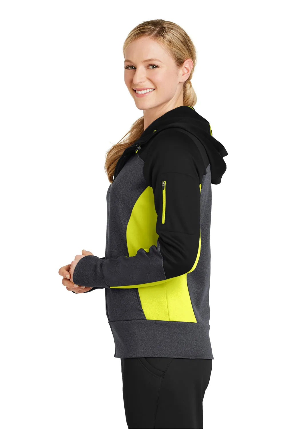 Sport-Tek Womens Moisture Wicking Full Zip Tech Fleece Hooded Jacket - Black/Heather Graphite Grey/Citron Green - Closeout