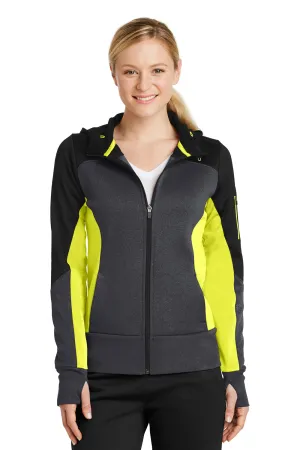 Sport-Tek Womens Moisture Wicking Full Zip Tech Fleece Hooded Jacket - Black/Heather Graphite Grey/Citron Green - Closeout