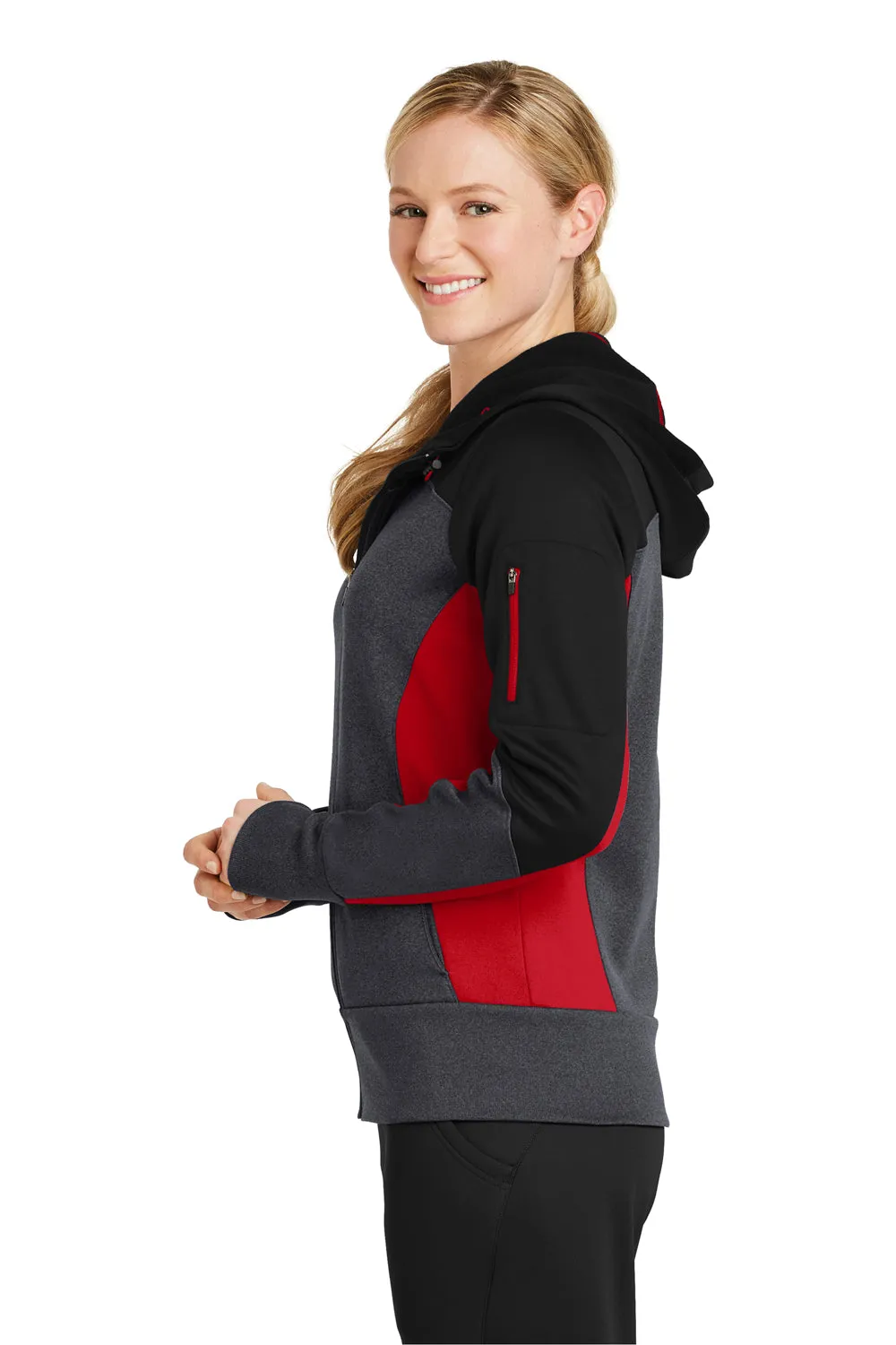 Sport-Tek Womens Moisture Wicking Full Zip Tech Fleece Hooded Jacket - Black/Heather Graphite Grey/True Red - Closeout