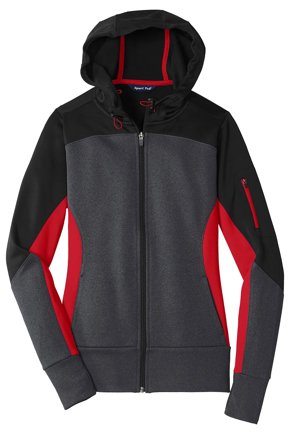 Sport-Tek Womens Moisture Wicking Full Zip Tech Fleece Hooded Jacket - Black/Heather Graphite Grey/True Red - Closeout