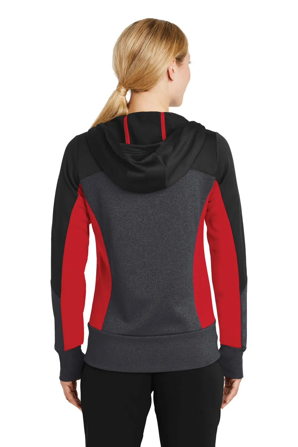 Sport-Tek Womens Moisture Wicking Full Zip Tech Fleece Hooded Jacket - Black/Heather Graphite Grey/True Red - Closeout
