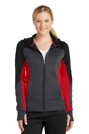 Sport-Tek Womens Moisture Wicking Full Zip Tech Fleece Hooded Jacket - Black/Heather Graphite Grey/True Red - Closeout