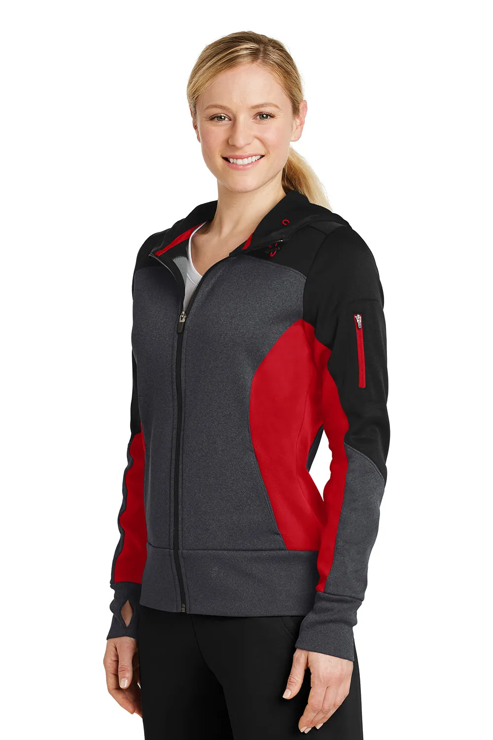 Sport-Tek Womens Moisture Wicking Full Zip Tech Fleece Hooded Jacket - Black/Heather Graphite Grey/True Red - Closeout