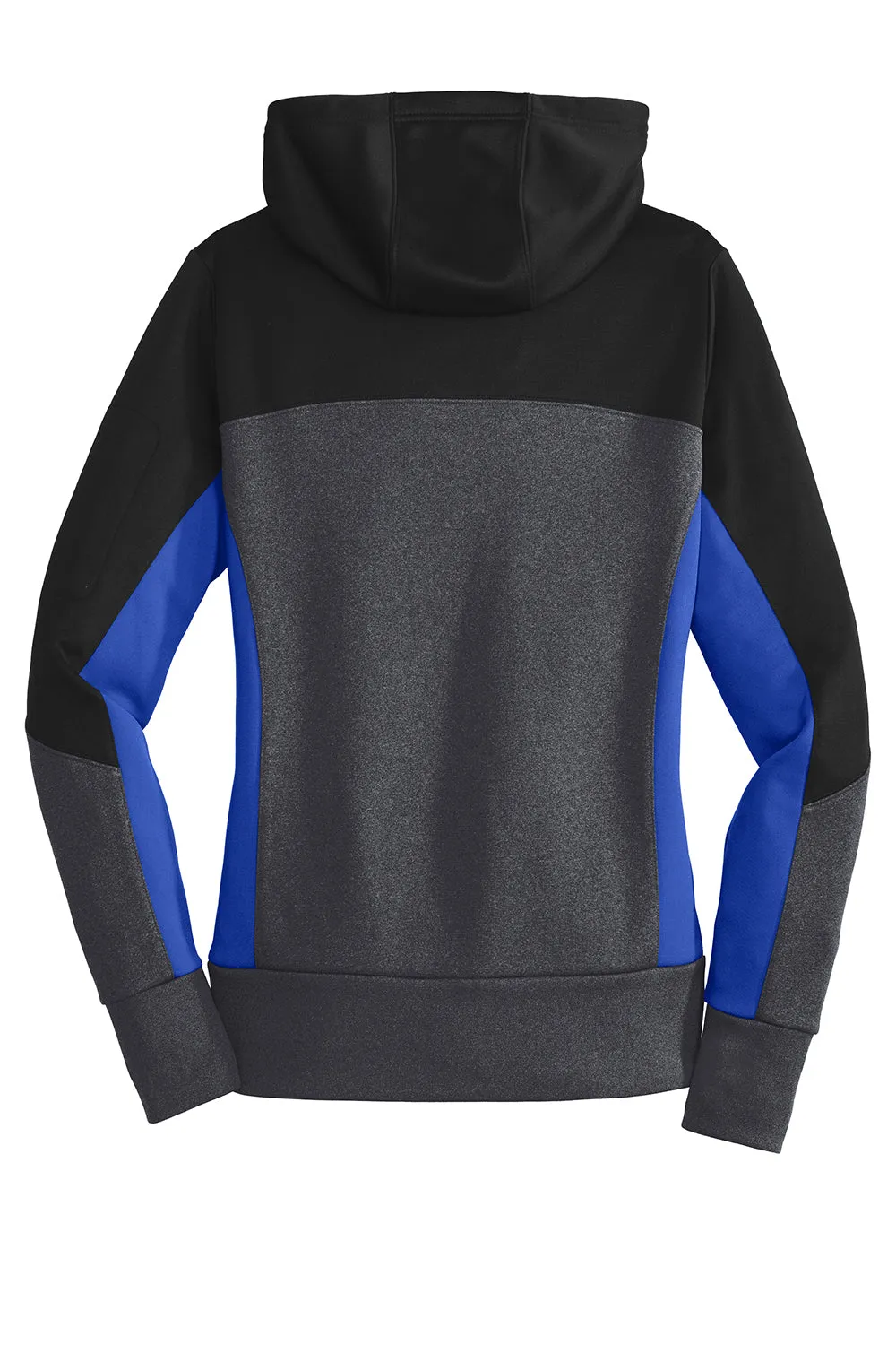 Sport-Tek Womens Moisture Wicking Full Zip Tech Fleece Hooded Jacket - Black/Heather Graphite Grey/True Royal Blue - Closeout