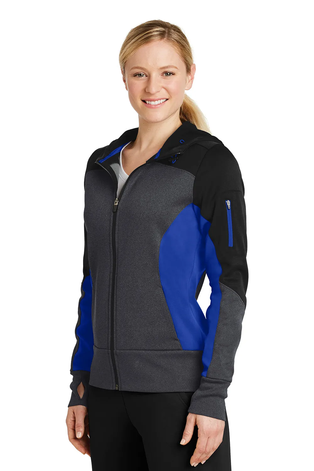 Sport-Tek Womens Moisture Wicking Full Zip Tech Fleece Hooded Jacket - Black/Heather Graphite Grey/True Royal Blue - Closeout