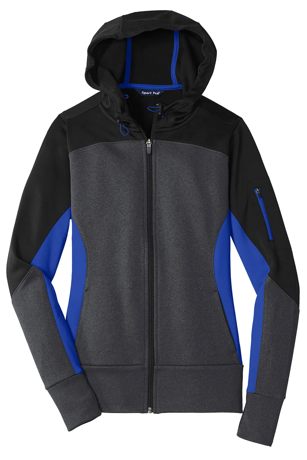 Sport-Tek Womens Moisture Wicking Full Zip Tech Fleece Hooded Jacket - Black/Heather Graphite Grey/True Royal Blue - Closeout