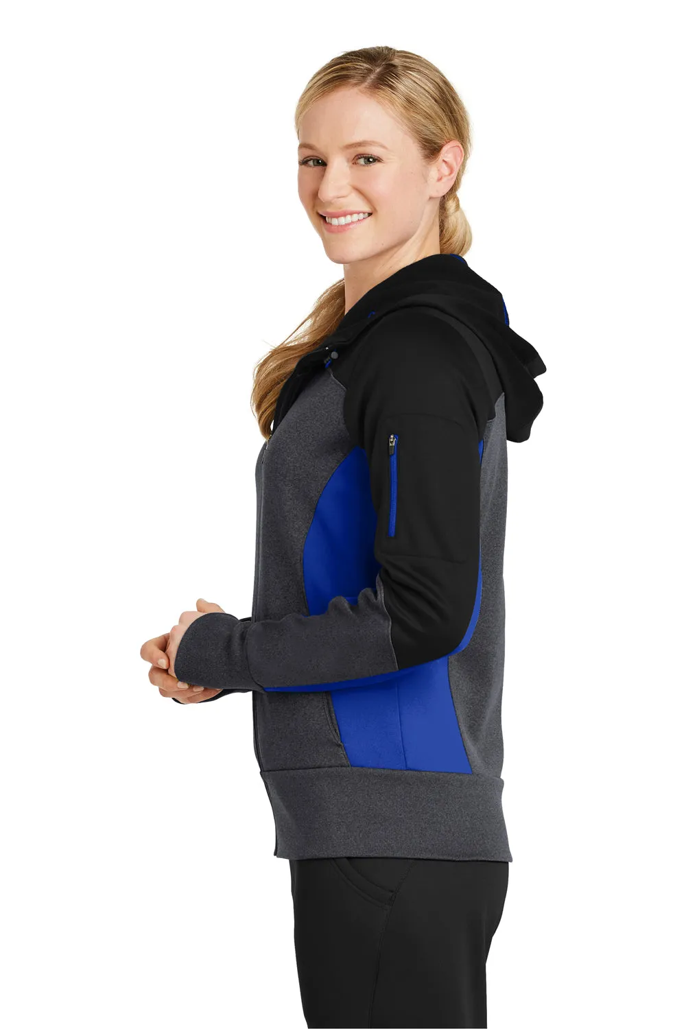 Sport-Tek Womens Moisture Wicking Full Zip Tech Fleece Hooded Jacket - Black/Heather Graphite Grey/True Royal Blue - Closeout