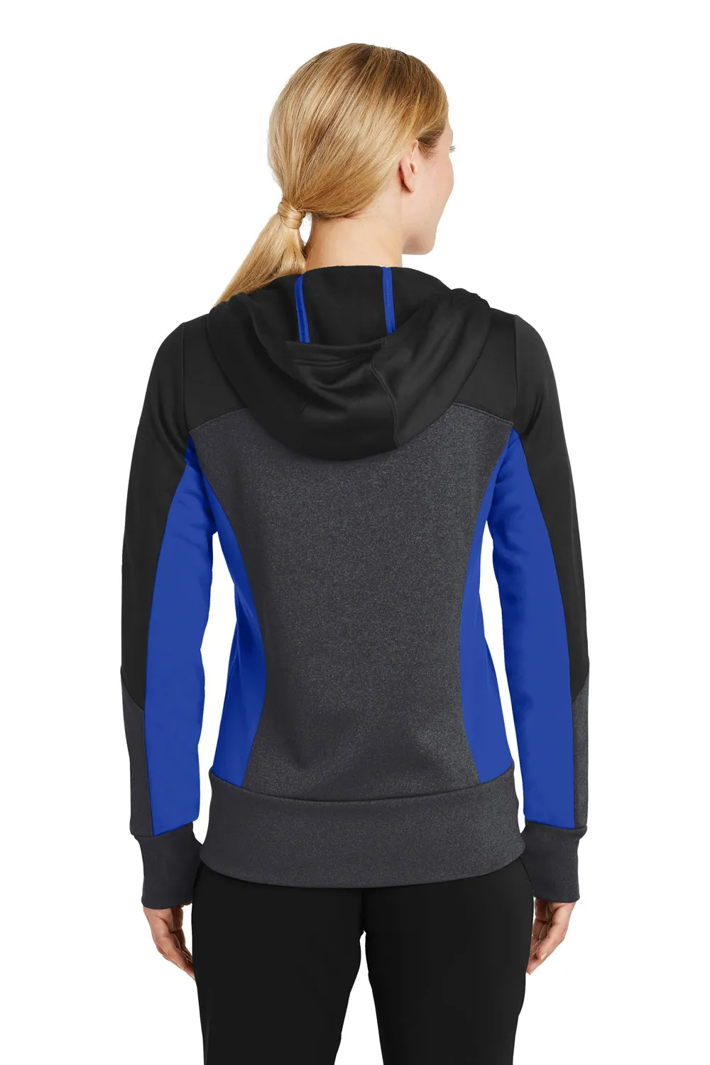 Sport-Tek Womens Moisture Wicking Full Zip Tech Fleece Hooded Jacket - Black/Heather Graphite Grey/True Royal Blue - Closeout