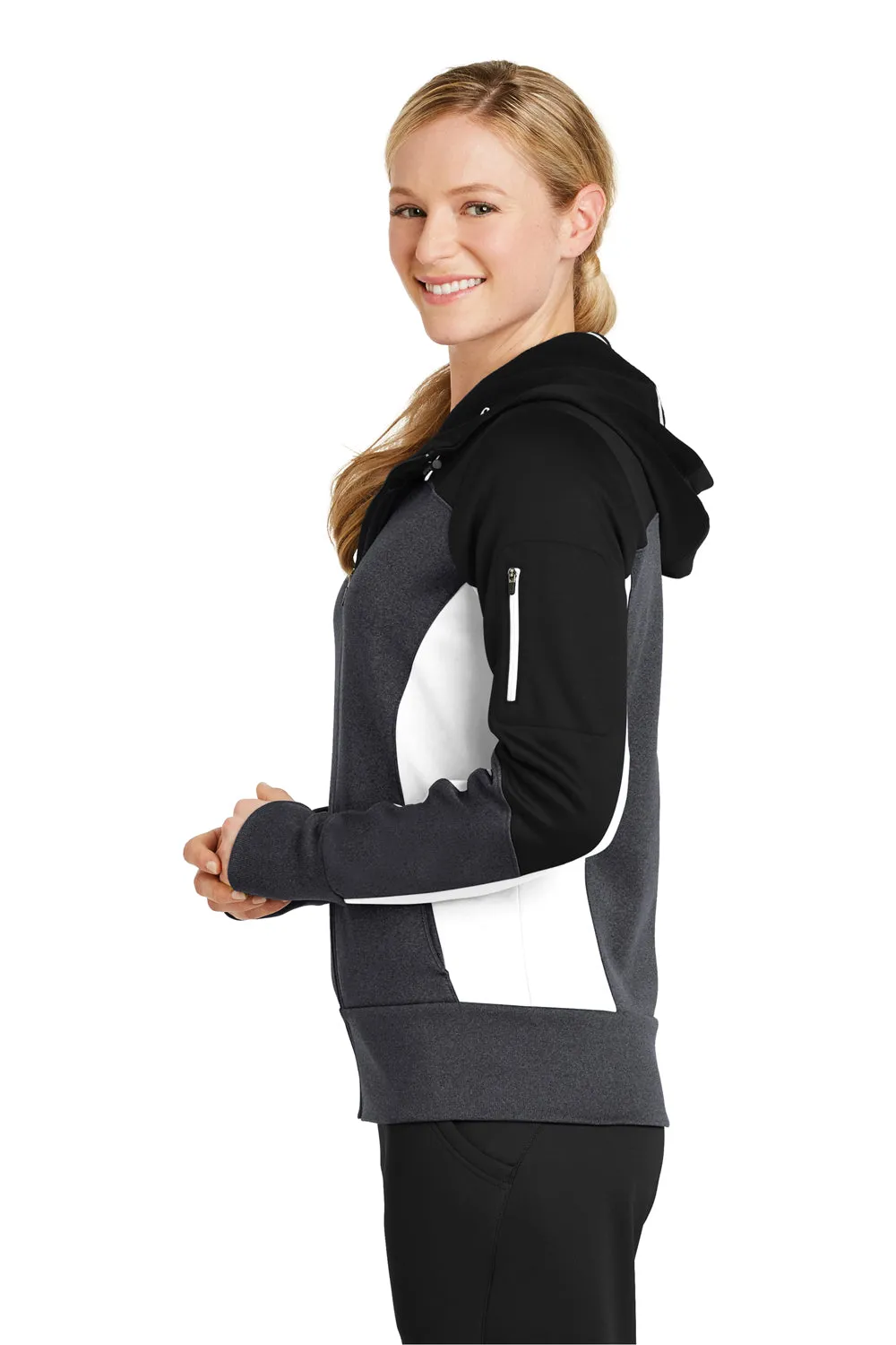 Sport-Tek Womens Moisture Wicking Full Zip Tech Fleece Hooded Jacket - Black/Heather Graphite Grey/White - Closeout