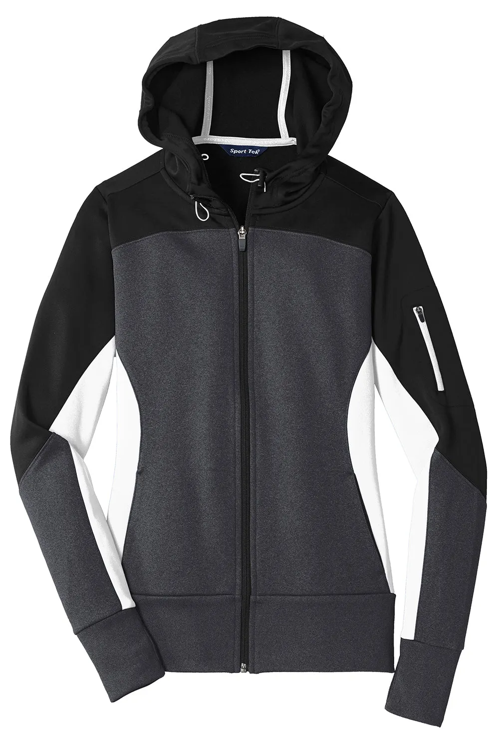 Sport-Tek Womens Moisture Wicking Full Zip Tech Fleece Hooded Jacket - Black/Heather Graphite Grey/White - Closeout