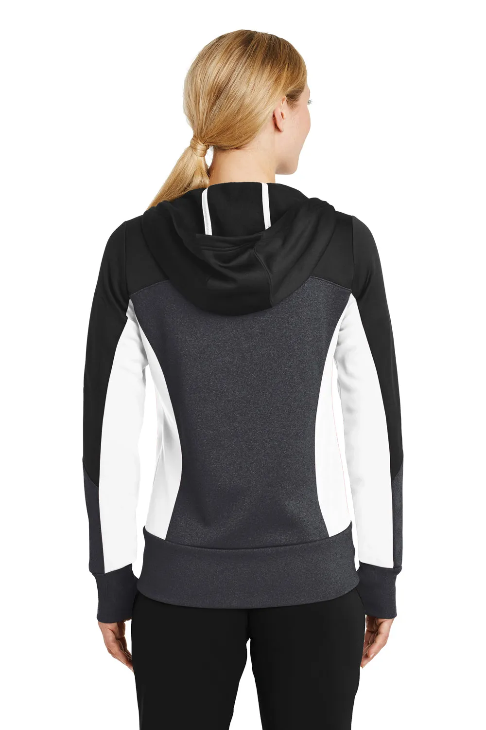 Sport-Tek Womens Moisture Wicking Full Zip Tech Fleece Hooded Jacket - Black/Heather Graphite Grey/White - Closeout
