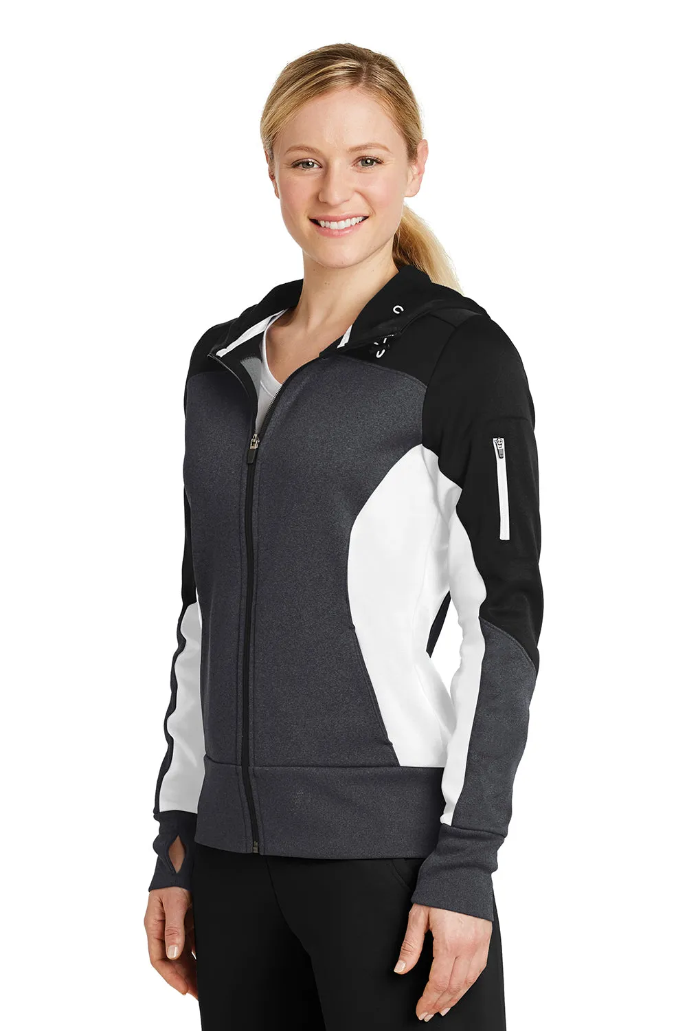 Sport-Tek Womens Moisture Wicking Full Zip Tech Fleece Hooded Jacket - Black/Heather Graphite Grey/White - Closeout