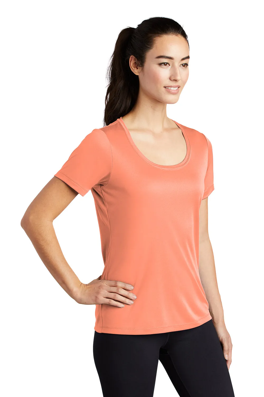Sport-Tek Womens Moisture Wicking Short Sleeve Scoop Neck T-Shirt - Soft Coral Orange - Closeout Clothing Sport-Tek