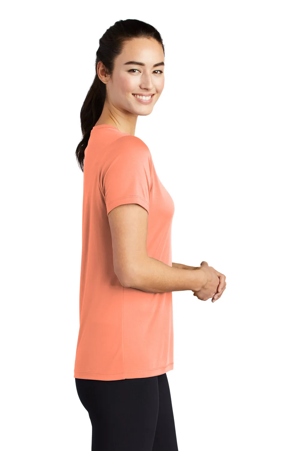 Sport-Tek Womens Moisture Wicking Short Sleeve Scoop Neck T-Shirt - Soft Coral Orange - Closeout Clothing Sport-Tek