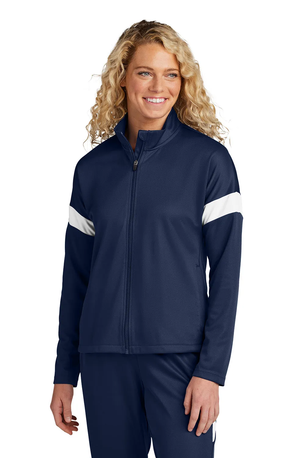 Sport-Tek Womens Moisture Wicking Travel Full Zip Jacket - True Navy Blue/White