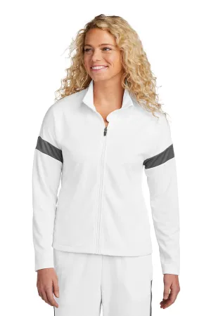 Sport-Tek Womens Moisture Wicking Travel Full Zip Jacket - White/Iron Grey