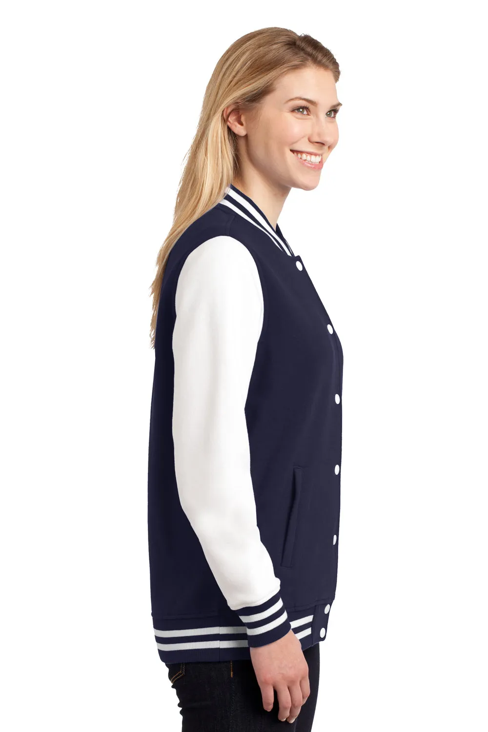 Sport-Tek Womens Snap Down Fleece Letterman Jacket - True Navy Blue/White - Closeout