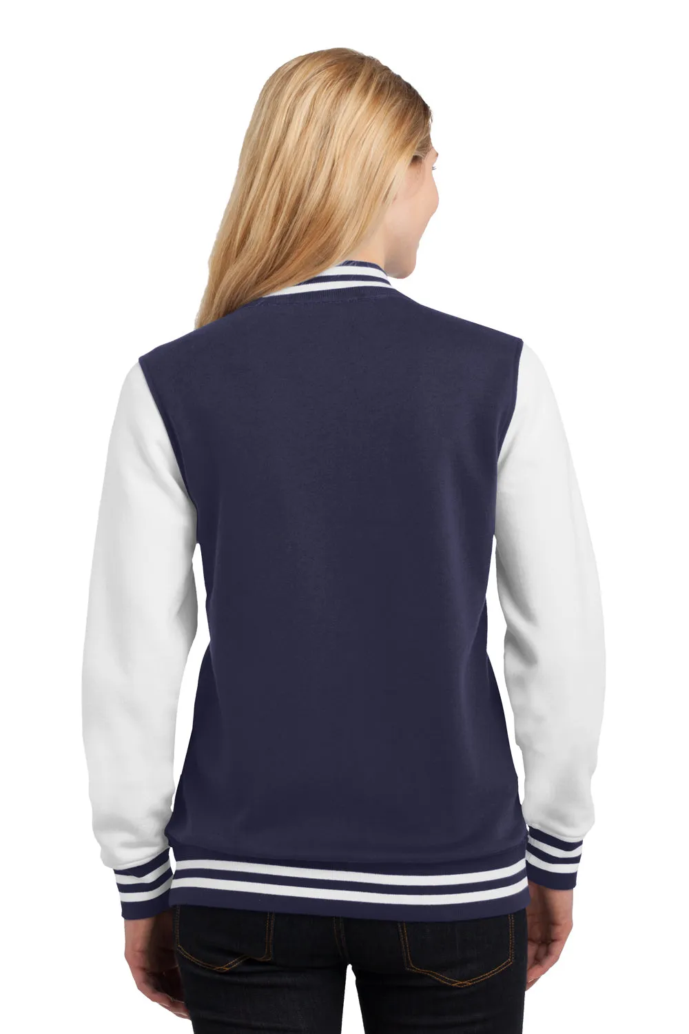 Sport-Tek Womens Snap Down Fleece Letterman Jacket - True Navy Blue/White - Closeout