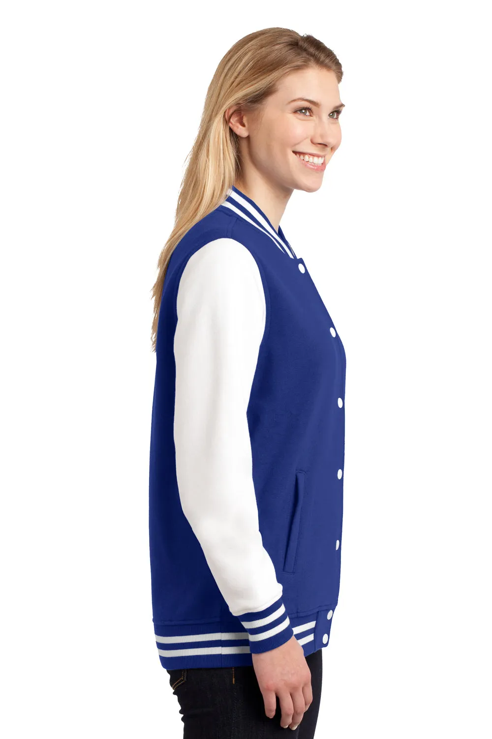 Sport-Tek Womens Snap Down Fleece Letterman Jacket - True Royal Blue/White - Closeout