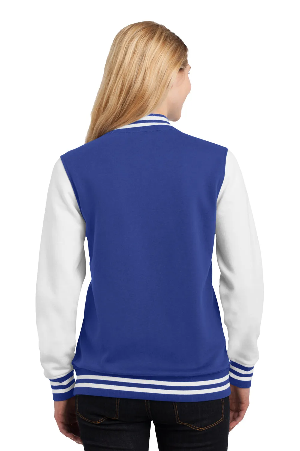 Sport-Tek Womens Snap Down Fleece Letterman Jacket - True Royal Blue/White - Closeout