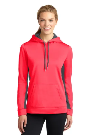 Sport-Tek Womens Sport-Wick Moisture Wicking Fleece Hooded Sweatshirt Hoodie w/ Pouch Pocket - Hot Coral Pink/Dark Smoke Grey - Closeout Clothing Sport-Tek