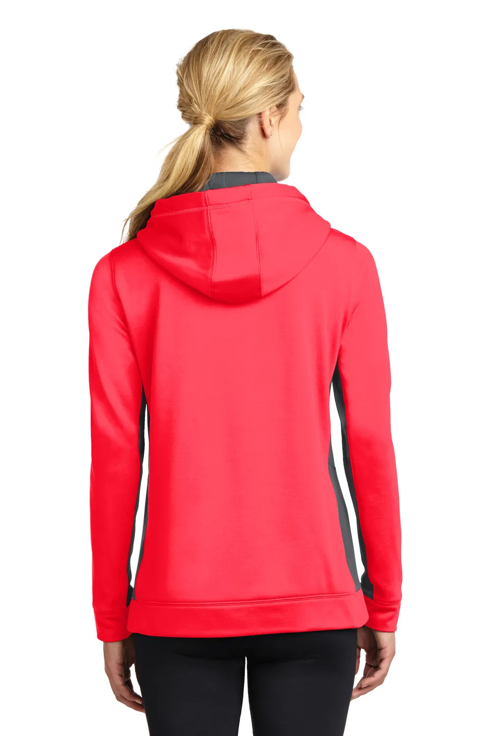 Sport-Tek Womens Sport-Wick Moisture Wicking Fleece Hooded Sweatshirt Hoodie w/ Pouch Pocket - Hot Coral Pink/Dark Smoke Grey - Closeout Clothing Sport-Tek