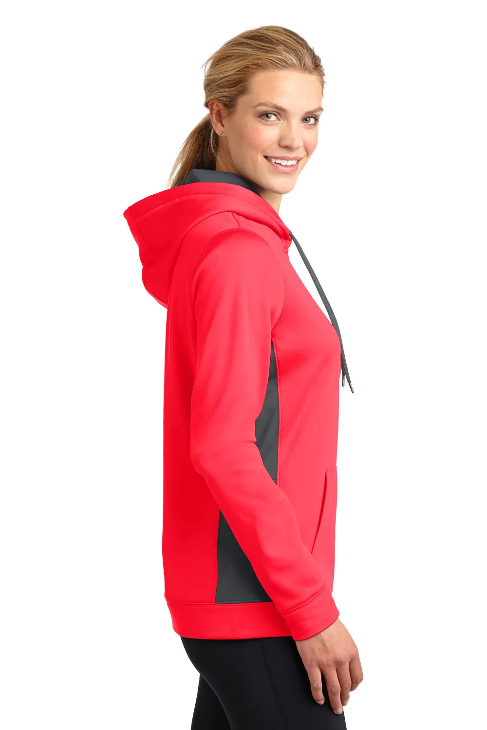 Sport-Tek Womens Sport-Wick Moisture Wicking Fleece Hooded Sweatshirt Hoodie w/ Pouch Pocket - Hot Coral Pink/Dark Smoke Grey - Closeout Clothing Sport-Tek