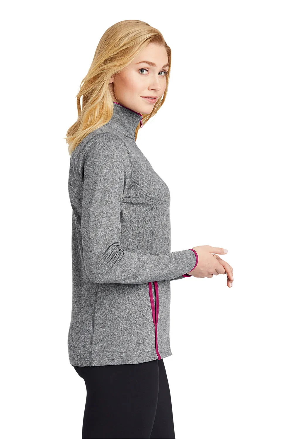 Sport-Tek Womens Sport-Wick Moisture Wicking Full Zip Jacket - Heather Charcoal Grey/Pink Rush