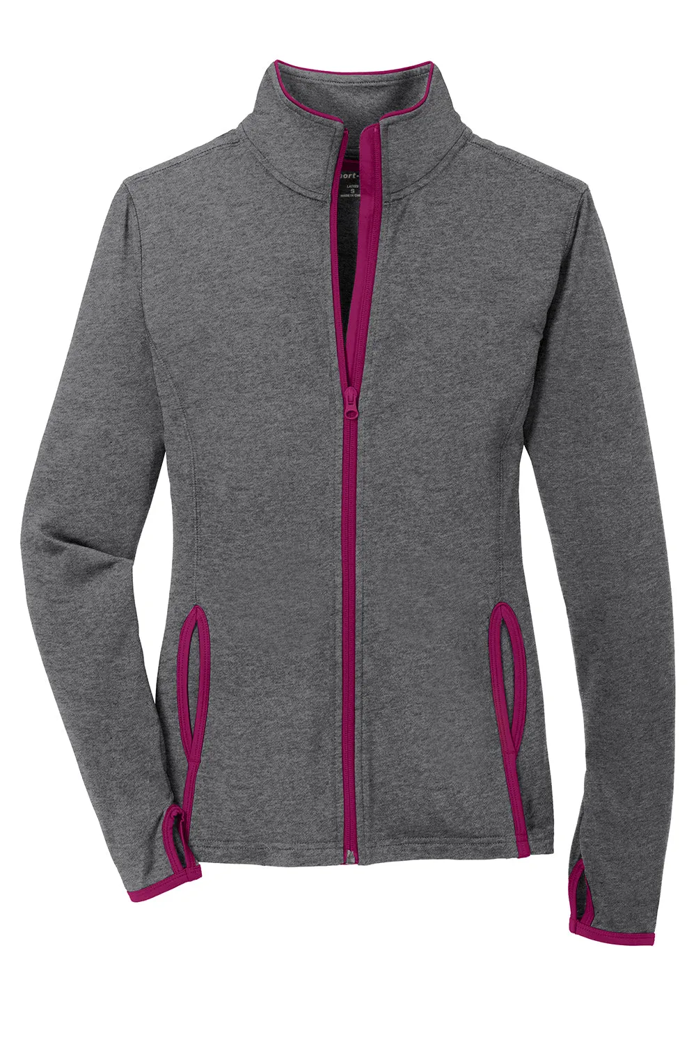 Sport-Tek Womens Sport-Wick Moisture Wicking Full Zip Jacket - Heather Charcoal Grey/Pink Rush