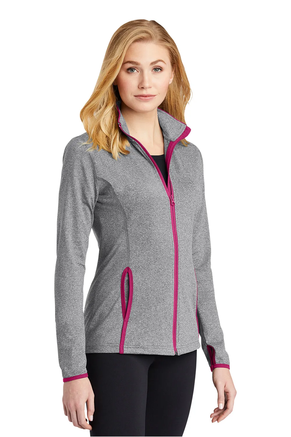 Sport-Tek Womens Sport-Wick Moisture Wicking Full Zip Jacket - Heather Charcoal Grey/Pink Rush