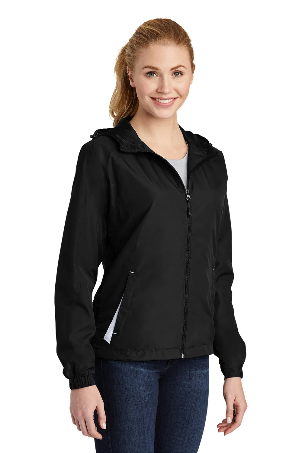Sport-Tek Womens Water Resistant Full Zip Hooded Jacket - Black/White