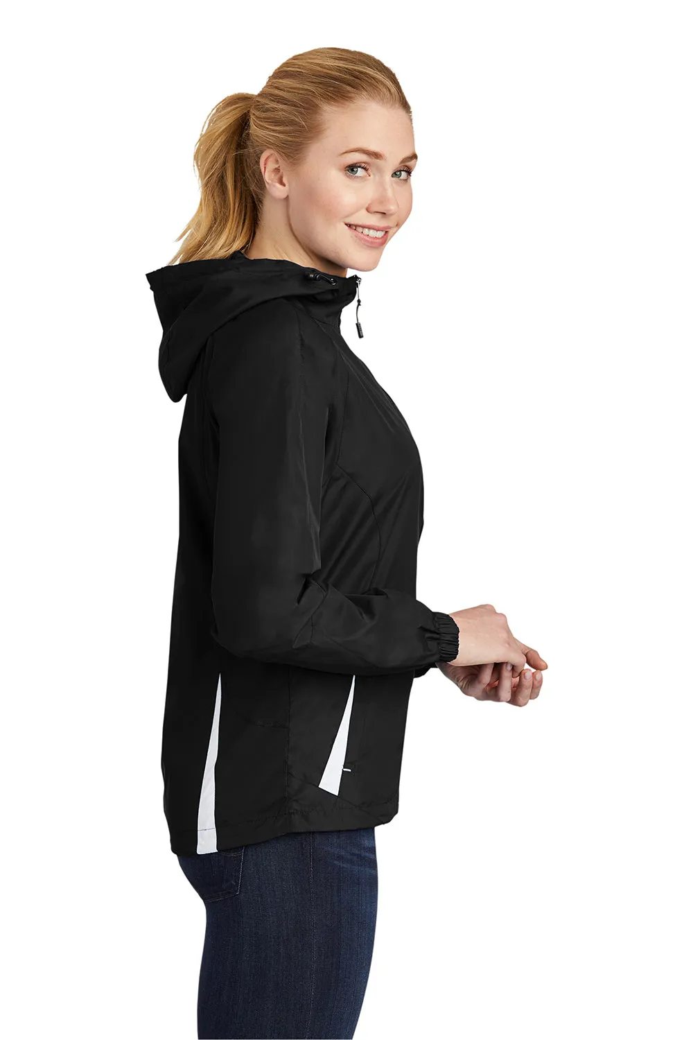 Sport-Tek Womens Water Resistant Full Zip Hooded Jacket - Black/White