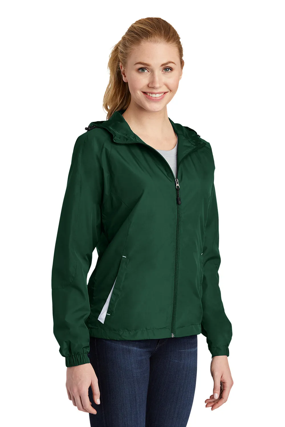 Sport-Tek Womens Water Resistant Full Zip Hooded Jacket - Forest Green/White