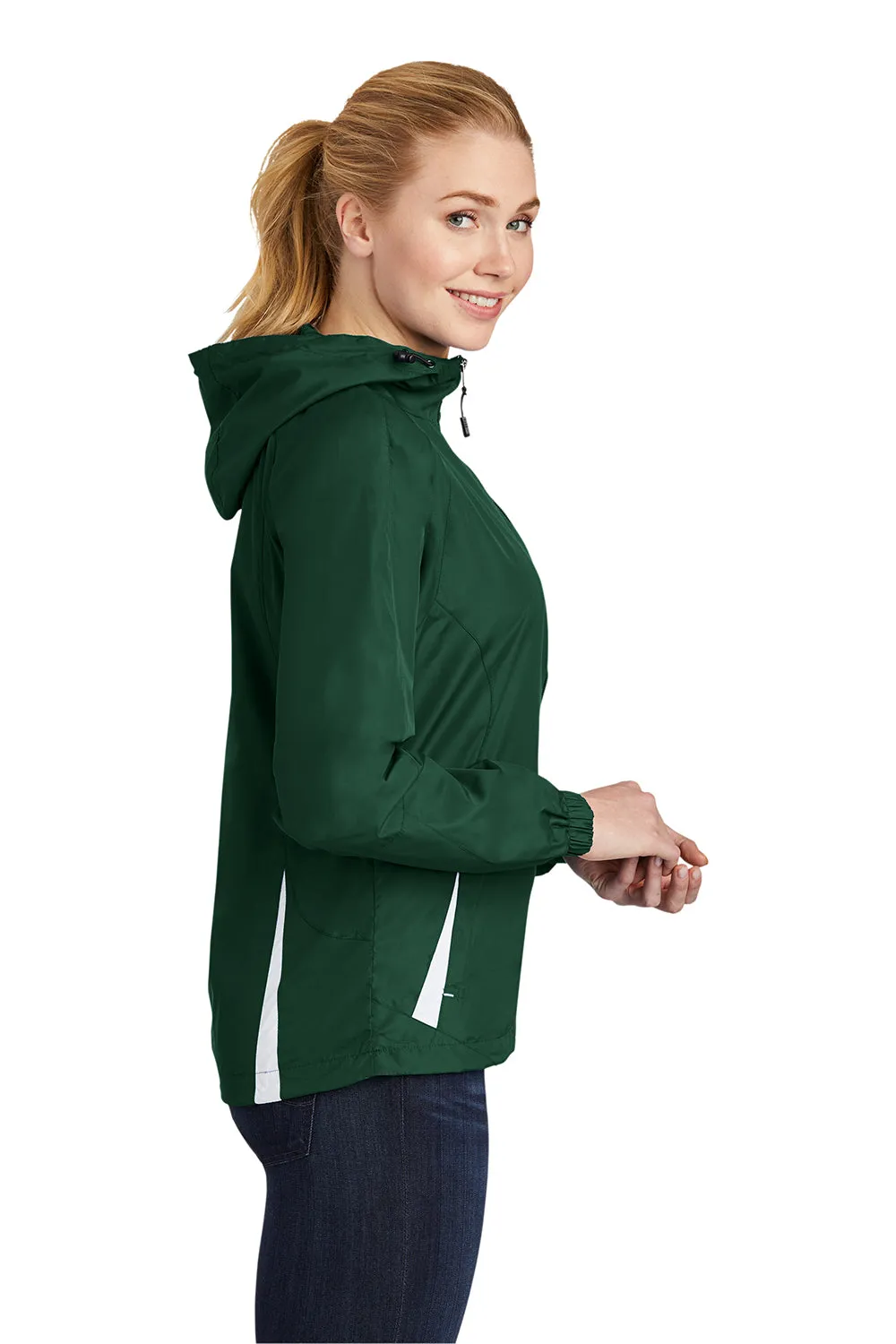 Sport-Tek Womens Water Resistant Full Zip Hooded Jacket - Forest Green/White