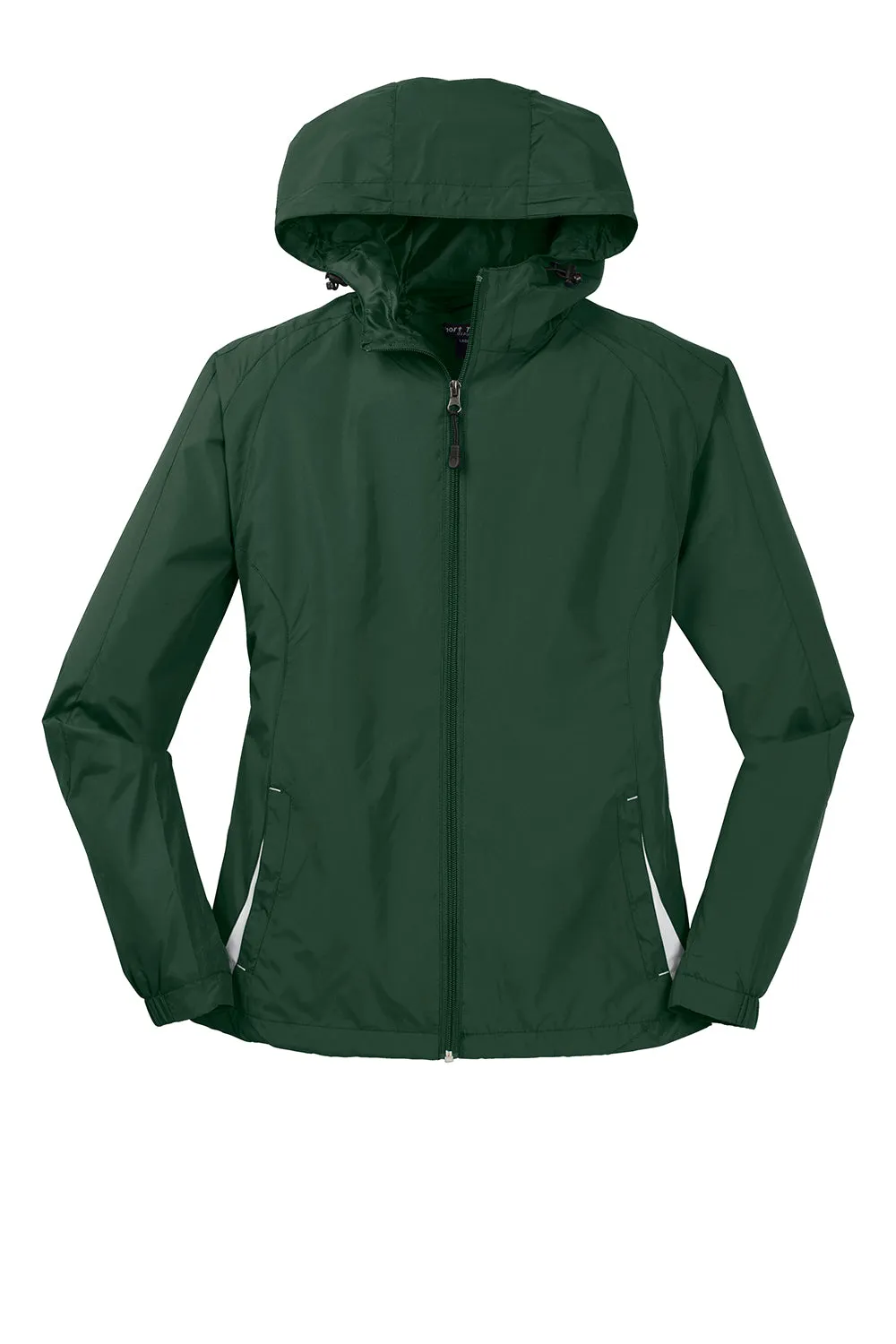 Sport-Tek Womens Water Resistant Full Zip Hooded Jacket - Forest Green/White