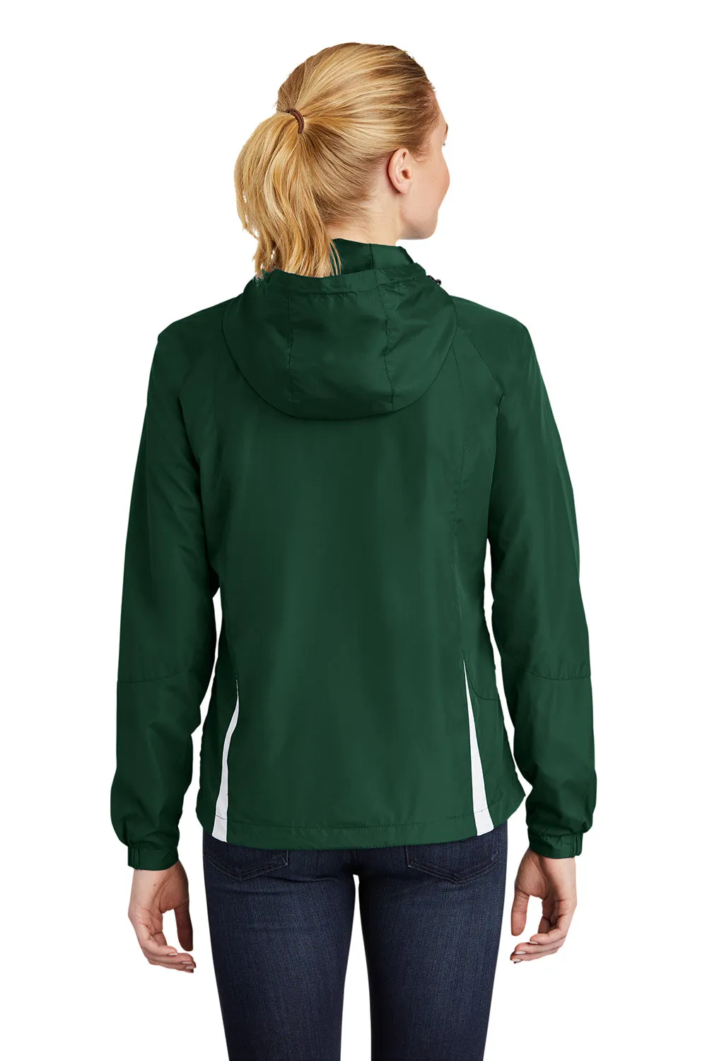 Sport-Tek Womens Water Resistant Full Zip Hooded Jacket - Forest Green/White