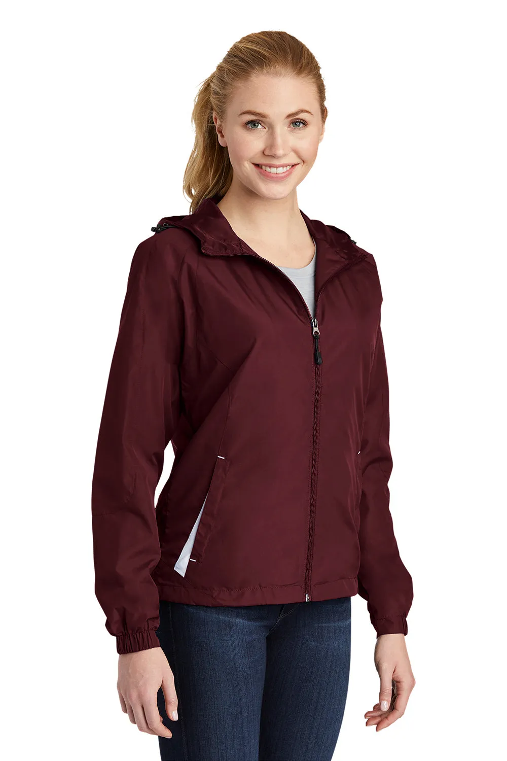 Sport-Tek Womens Water Resistant Full Zip Hooded Jacket - Maroon/White