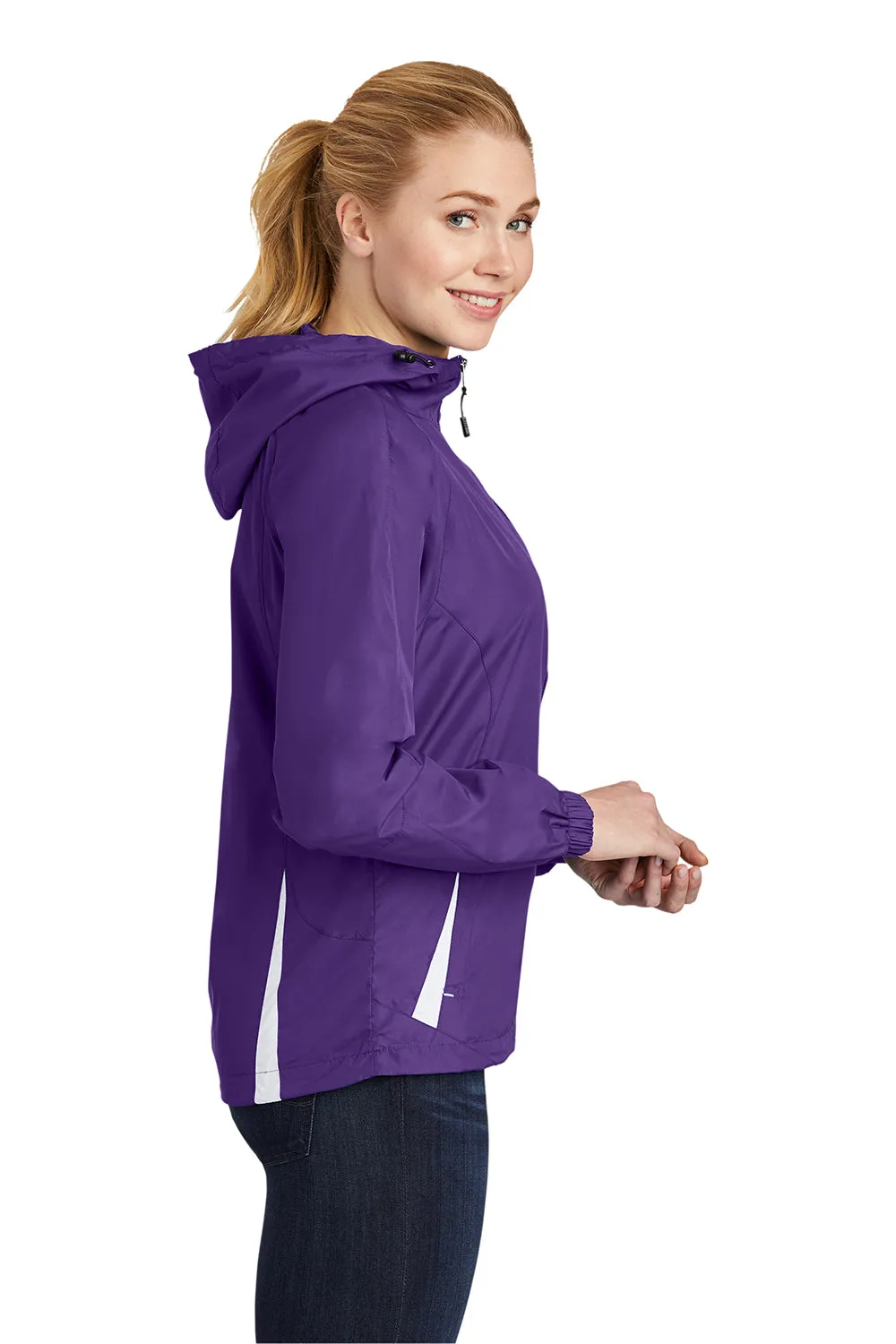 Sport-Tek Womens Water Resistant Full Zip Hooded Jacket - Purple/White - Closeout