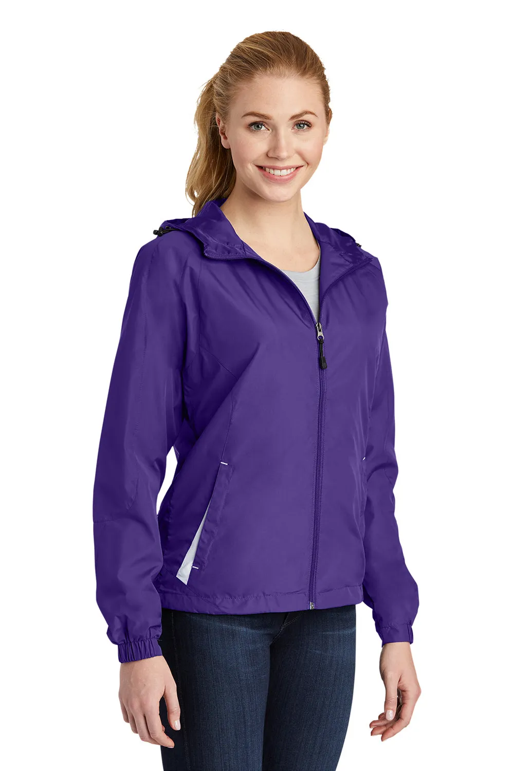 Sport-Tek Womens Water Resistant Full Zip Hooded Jacket - Purple/White - Closeout