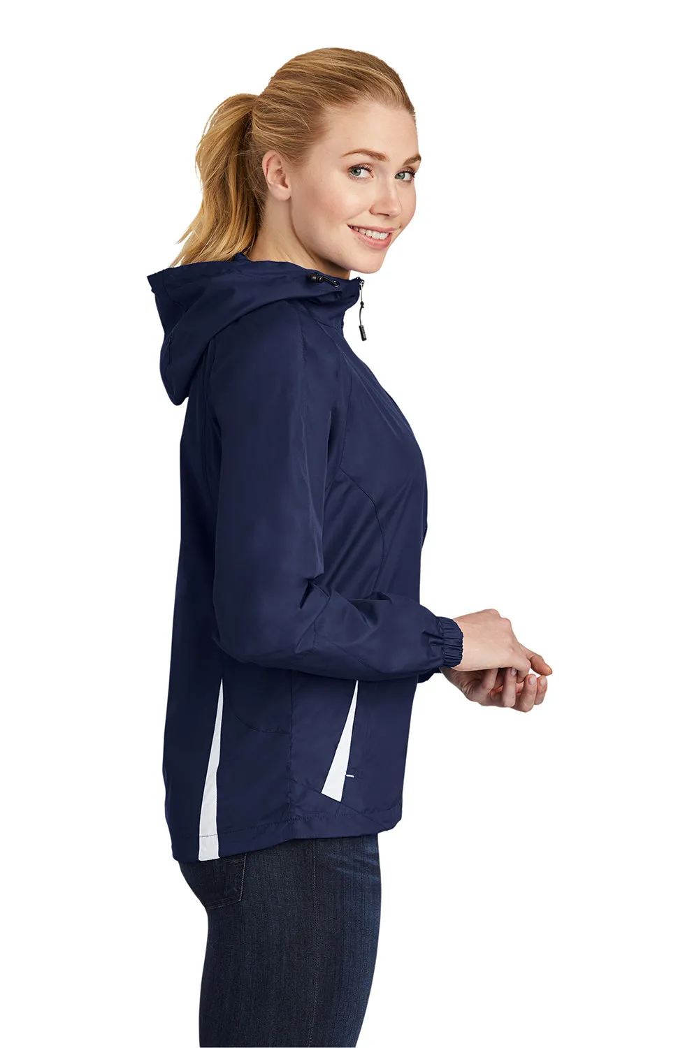 Sport-Tek Womens Water Resistant Full Zip Hooded Jacket - True Navy Blue/White