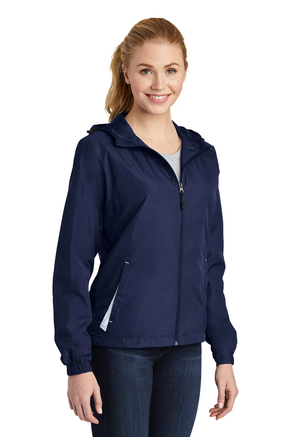 Sport-Tek Womens Water Resistant Full Zip Hooded Jacket - True Navy Blue/White