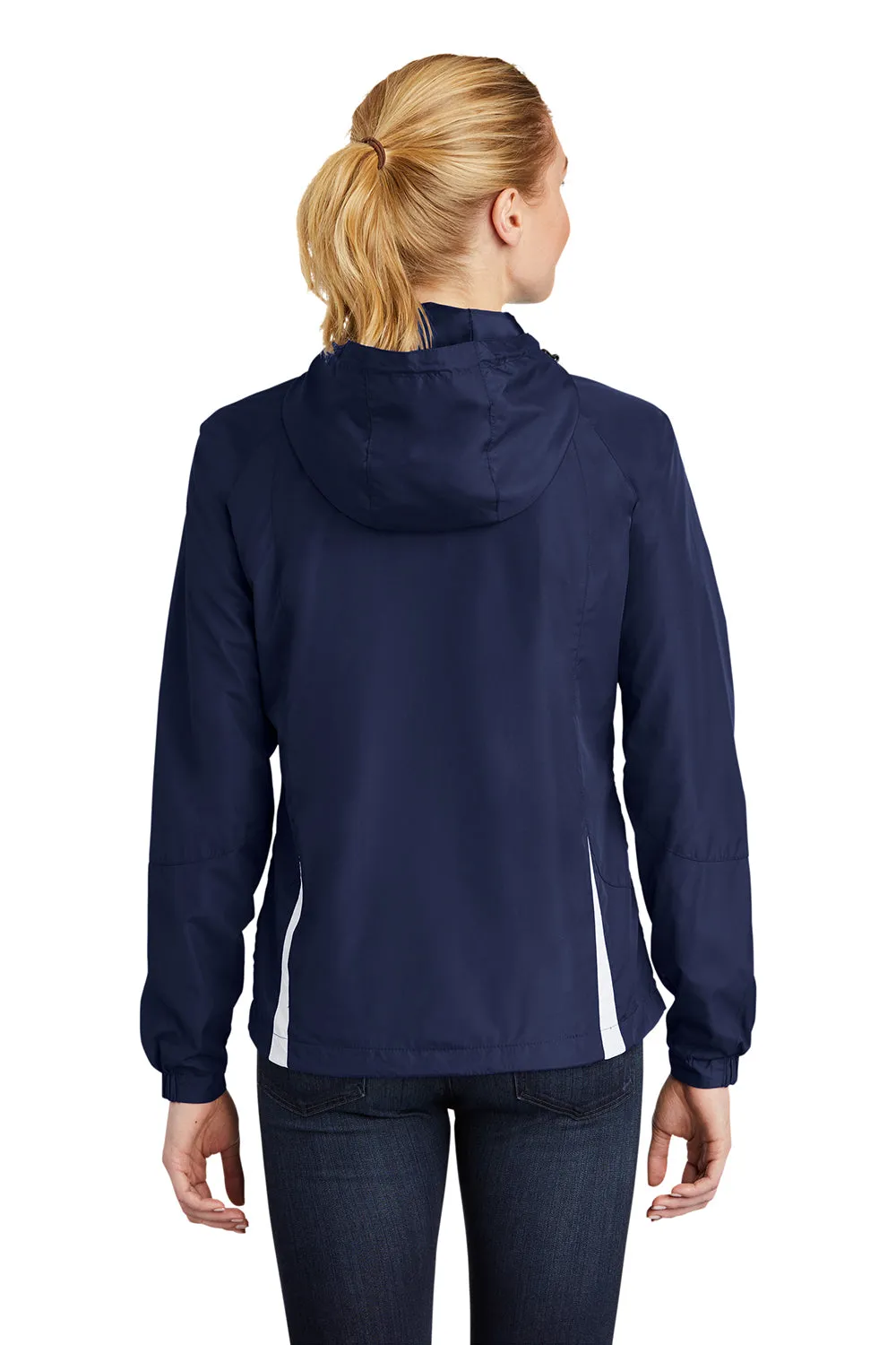 Sport-Tek Womens Water Resistant Full Zip Hooded Jacket - True Navy Blue/White