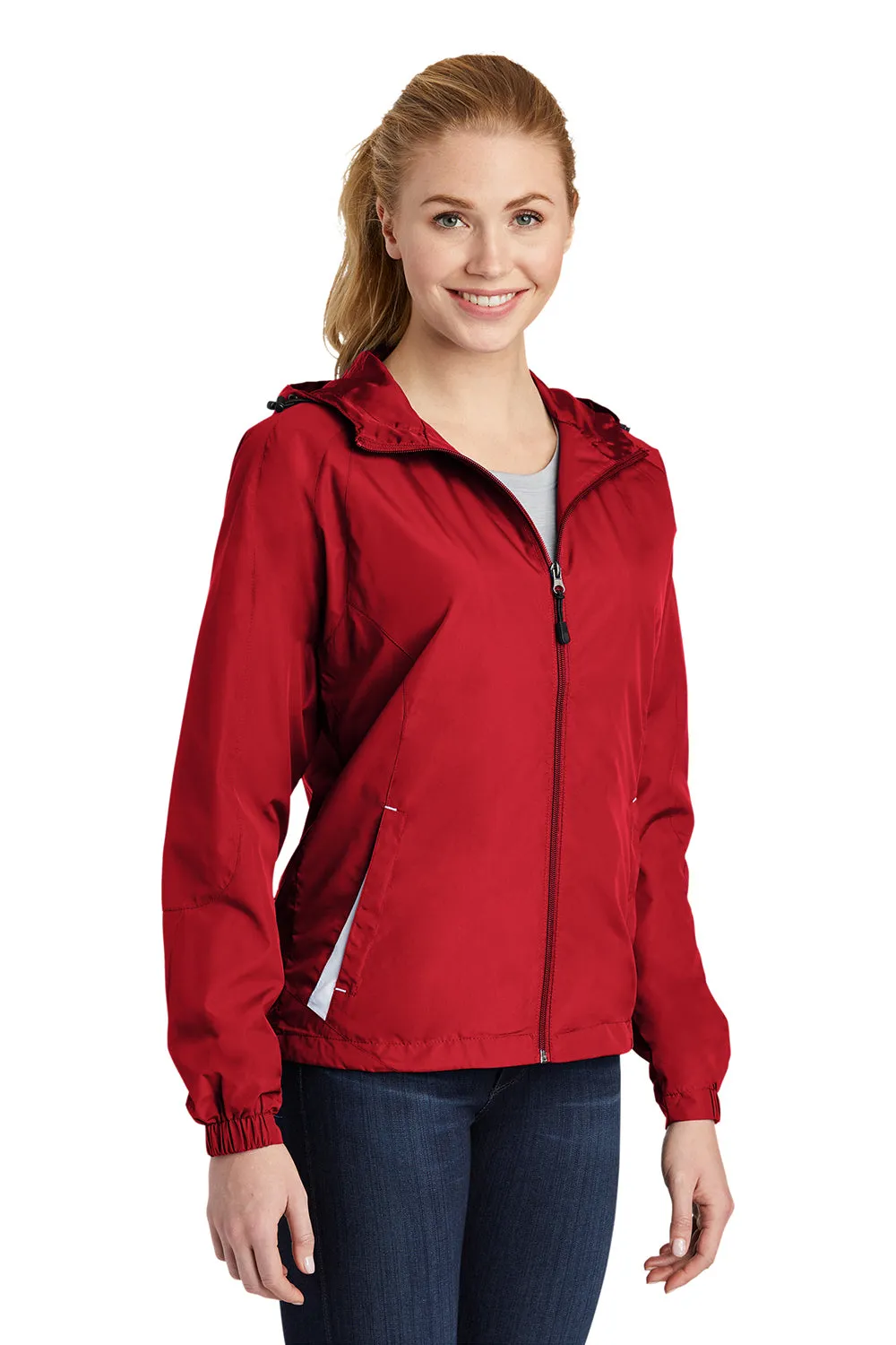 Sport-Tek Womens Water Resistant Full Zip Hooded Jacket - True Red/White