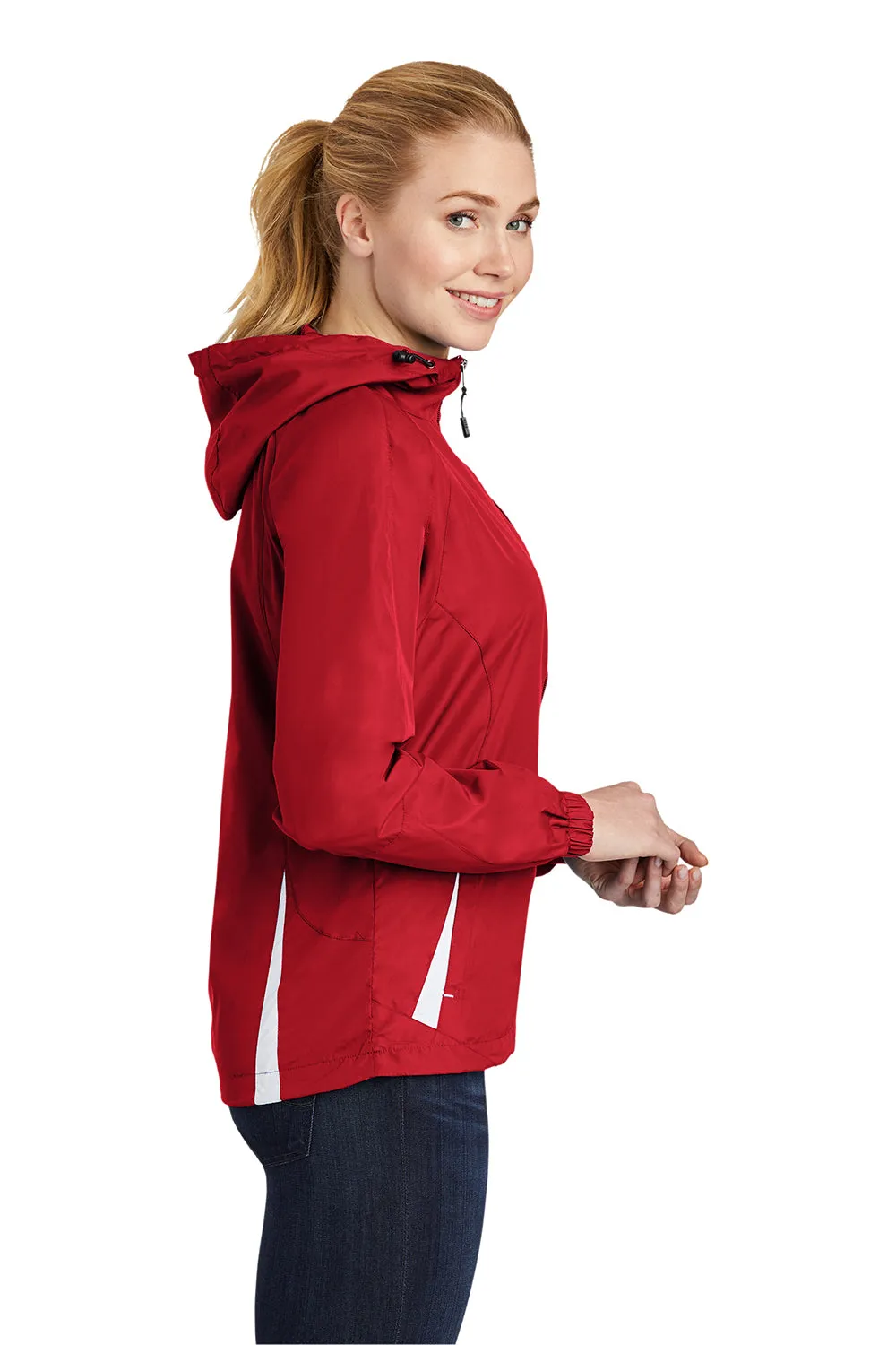 Sport-Tek Womens Water Resistant Full Zip Hooded Jacket - True Red/White