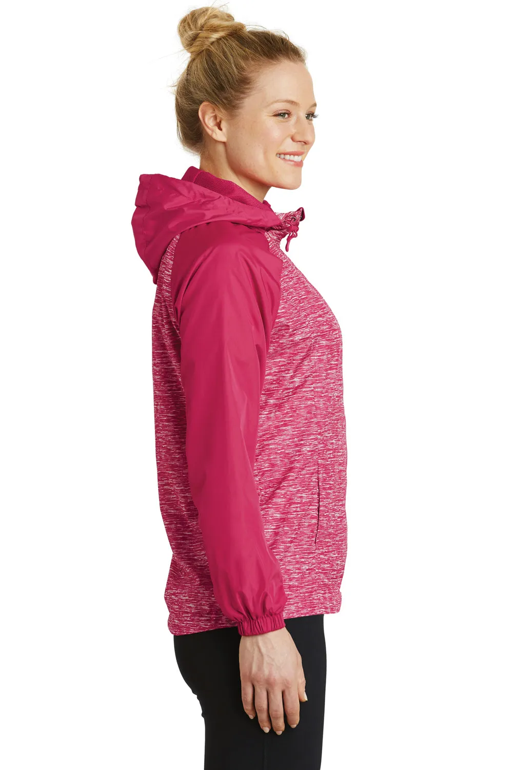 Sport-Tek Womens Wind & Water Resistant Full Zip Hooded Jacket - Heather Raspberry Pink/Raspberry Pink - Closeout Clothing Sport-Tek