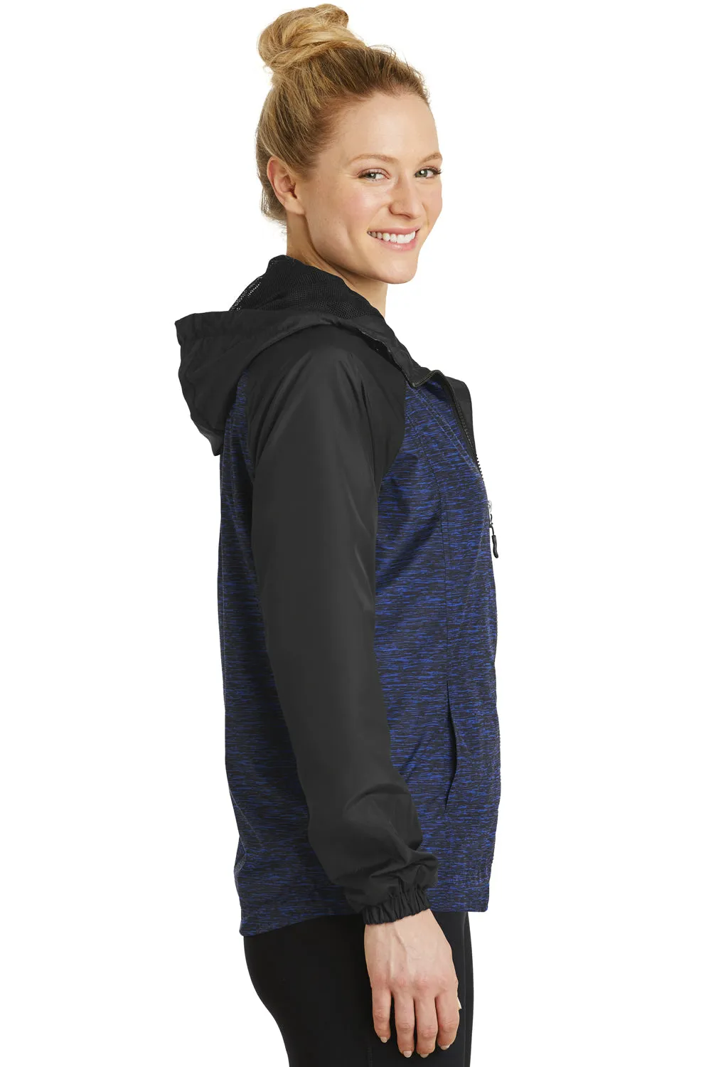 Sport-Tek Womens Wind & Water Resistant Full Zip Hooded Jacket - Heather True Royal Blue/Black - Closeout