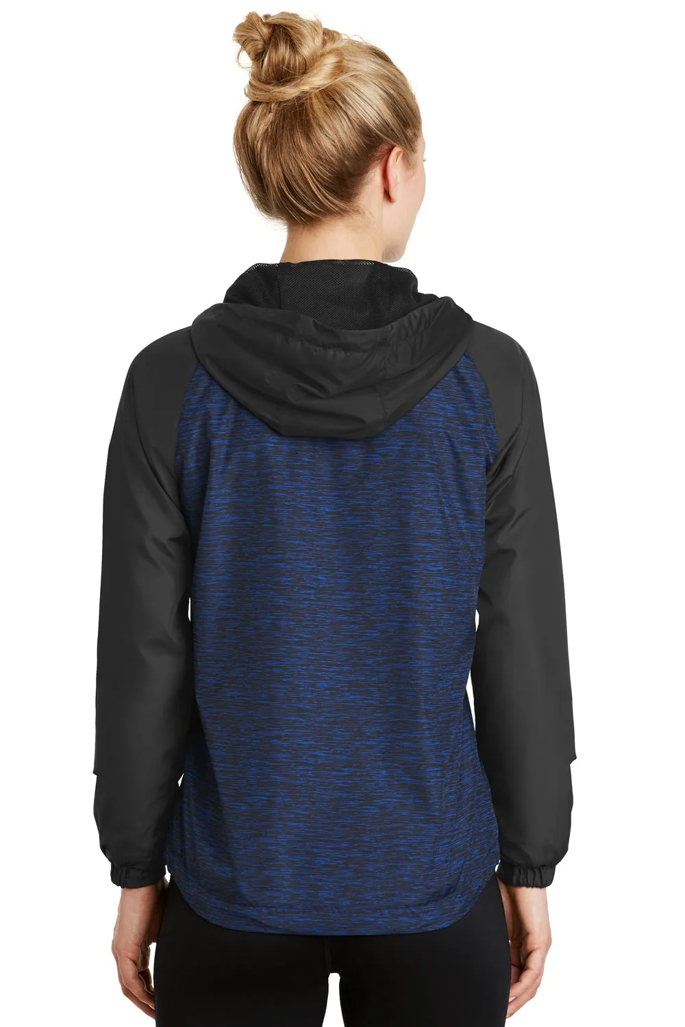 Sport-Tek Womens Wind & Water Resistant Full Zip Hooded Jacket - Heather True Royal Blue/Black - Closeout