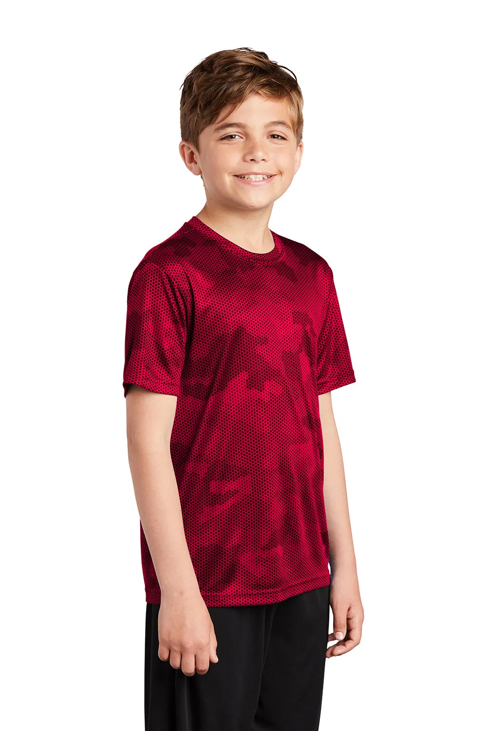 Sport-Tek Youth CamoHex Moisture Wicking Short Sleeve Crewneck T-Shirt - Deep Red Clothing Sport-Tek