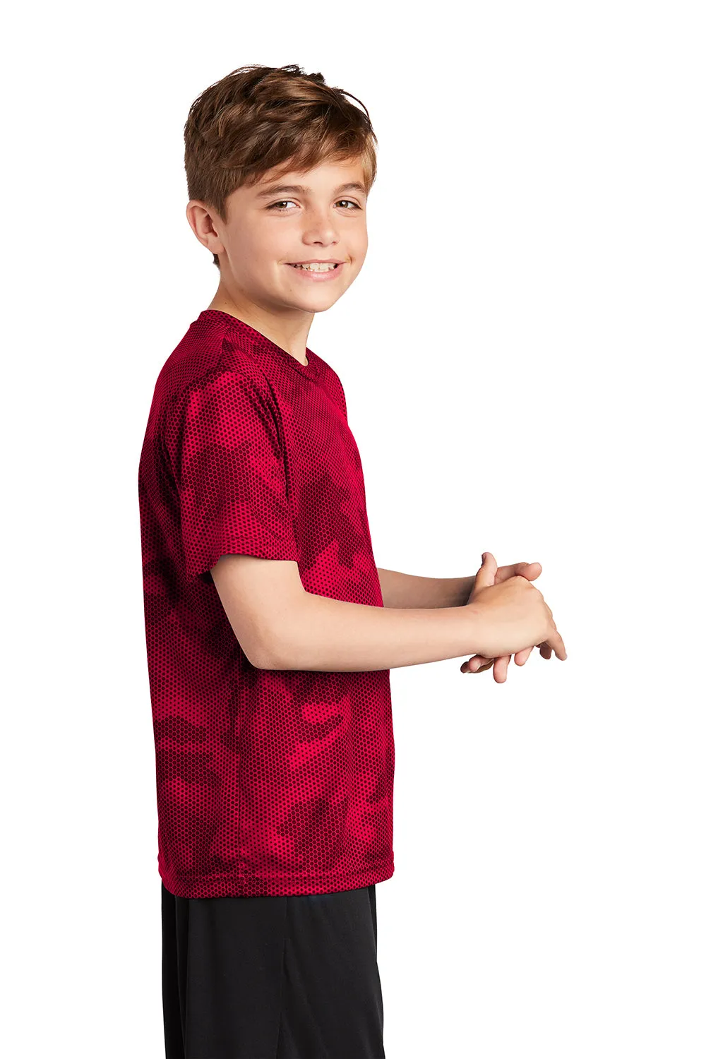 Sport-Tek Youth CamoHex Moisture Wicking Short Sleeve Crewneck T-Shirt - Deep Red Clothing Sport-Tek
