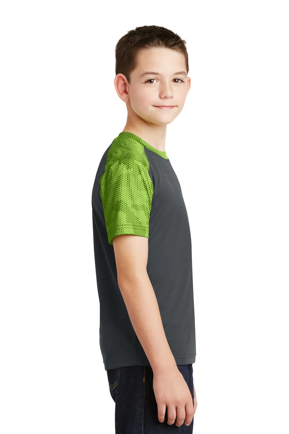 Sport-Tek Youth CamoHex Moisture Wicking Short Sleeve Crewneck T-Shirt - Iron Grey/Lime Shock Green - Closeout Clothing Sport-Tek